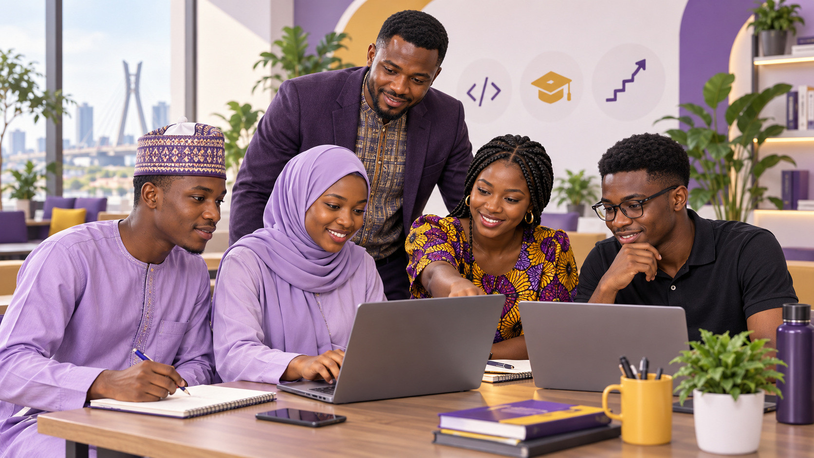 Young Nigerians learning together on laptops with a mentor