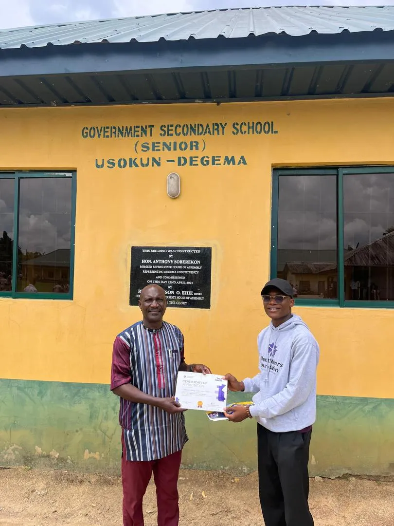Certificate of appreciation from Government Secondary School Usokun, Degema