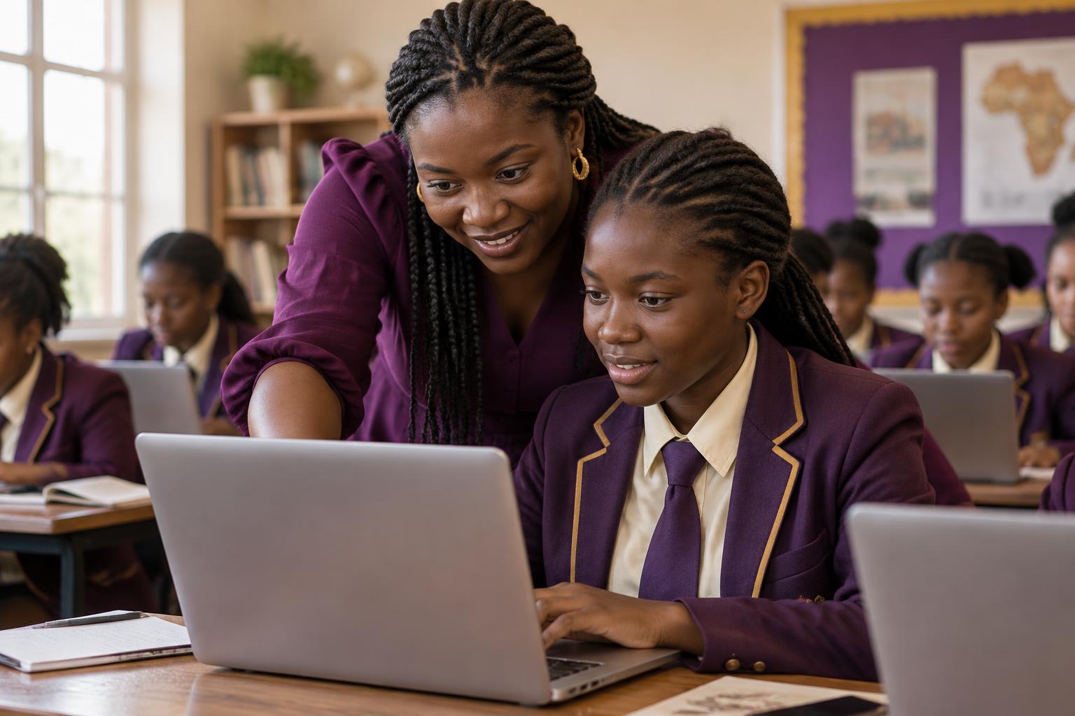 A mentor leaning over a student's laptop during a TechSpark school visit