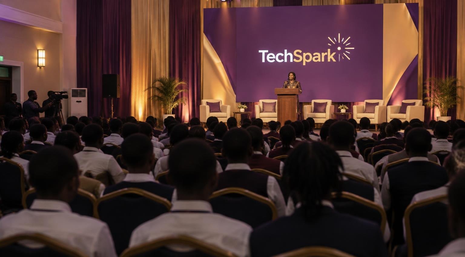 Speaker on stage before a full hall of students at the TechSpark Conference 2026